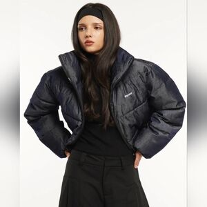 Puffit Stand-up Collar Cropped Puffer Jacket Splashproof Denim SIZE Small NWT!